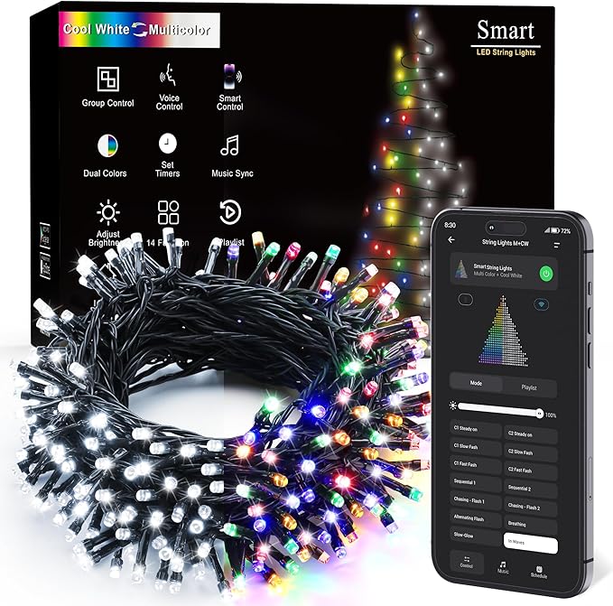 Brizled Smart Christmas Lights, 66FT 200 LED Color Changing Christmas String Lights App & Voice Control, Dimmable Cool White & Multicolor Xmas Tree Lights Music Sync for Indoor Outdoor Wedding Party