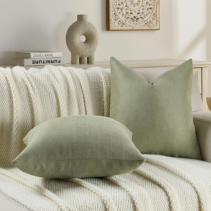 FUTEI Sage Green Chenille Throw Pillow Covers 26x26 Inch Set of 2,Soft Wide Chevron Textured Euro Pillow Shams,Farmhouse Home Decor for Couch Living Room
