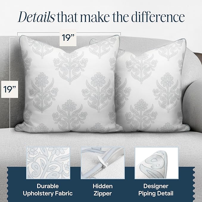 “The Naples” Floral Block Print Pillow Cover – Soft Grey and Off-White Decorative Throw Pillow Cover – Grandmillennial Home Decor, 20" x 20"