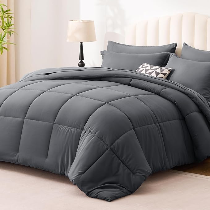 Love's cabin King Size Comforter Set Soot Grey, 7 Pieces King Bed in a Bag, All Season Bedding Sets with 1 Comforter, 1 Flat Sheet, 1 Fitted Sheet, 2 Pillowcase and 2 Pillow Sham