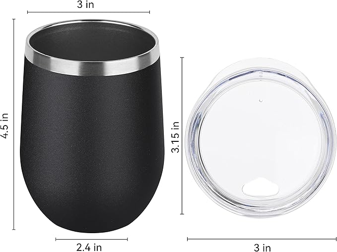 DOMICARE Stainless Steel Wine Tumbler Bulk with Lid, Personalized Insulated Tumblers Set, 12oz Travel Coffee Cups Pack of 12, Black