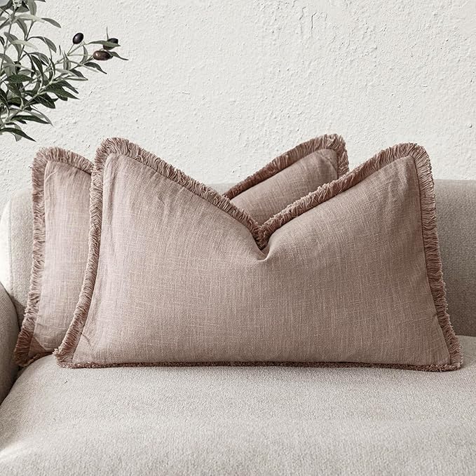 Foindtower Set of 2 Decorative Linen Fringe Lumbar Throw Pillow Covers Farmhouse Cushion Cover with Tassels Soft Accent Pillowcase for Couch Sofa Bed Living Room Home Decor,12×24 Inch,Dusty Pink
