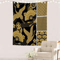 Batmerry Black Oriental Tapestry,Gold Japanese Fan Wall Art Hanging Decoration Polyester Fiber White Ruffled Around for Dorm Room Bedroom Living Room, 59.1x51.2 inches