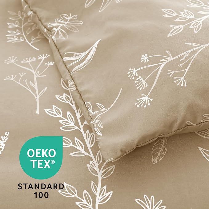 MUXHOMO Taupe Full Comforter Set, Elegant Floral Print Bed in a Bag 7 Pieces, Ultra Soft & Breathable Reversible Botanical Pattern Bedding Set with Comforter, Sheets, Pillowcases, and Shams