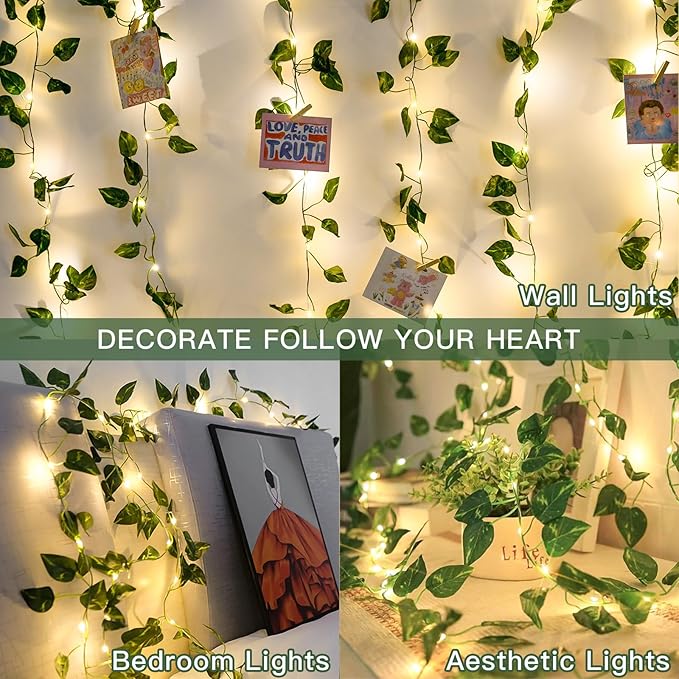suddus Vine with Fairy Lights Battery Operated, 13.1ft 40 LED Pothos String Lights with Remote, Leaf Lights for Bedroom, Room, Wall, Garden, Party, Wedding Decor(Warm White)