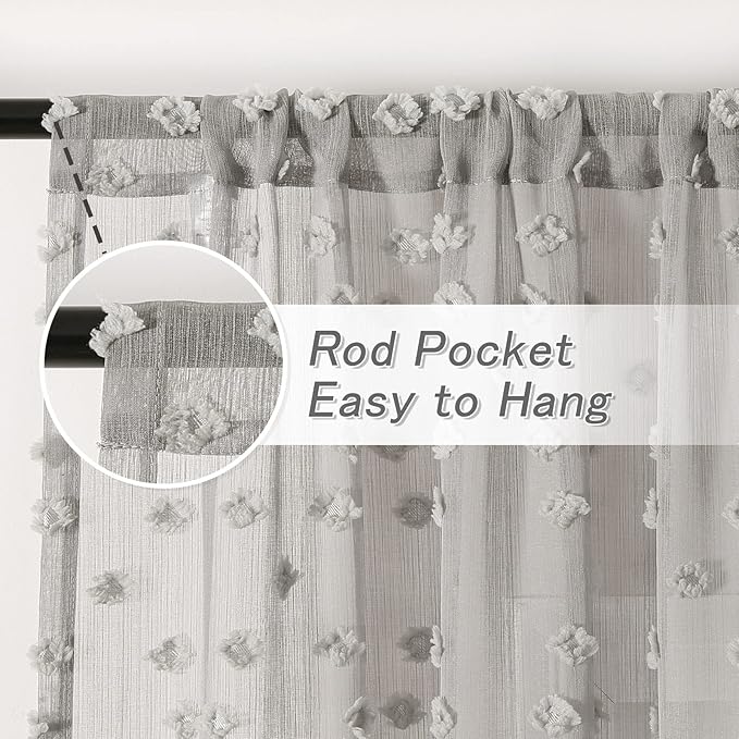 MYSKY HOME Grey Sheer Short Curtains with Pom Pom for Small Windows Bedroom Nursery Kids Girls Room Curtains Cafe Kitchen Light Filtering Boho Drapes, Rod Pocket,38 x 54 Inches, 2 Panels
