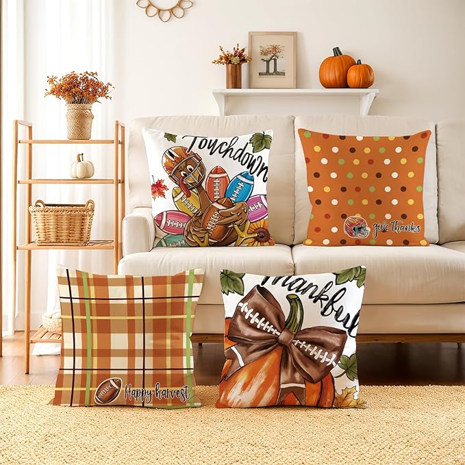 Thanksgiving Pillow Covers 18x18 Set of 4,Football Pillow Velvet Pillow Covers Cute Thanksgiving Autumn Decorative Home Decor for Couch Sofa Bed Living Room