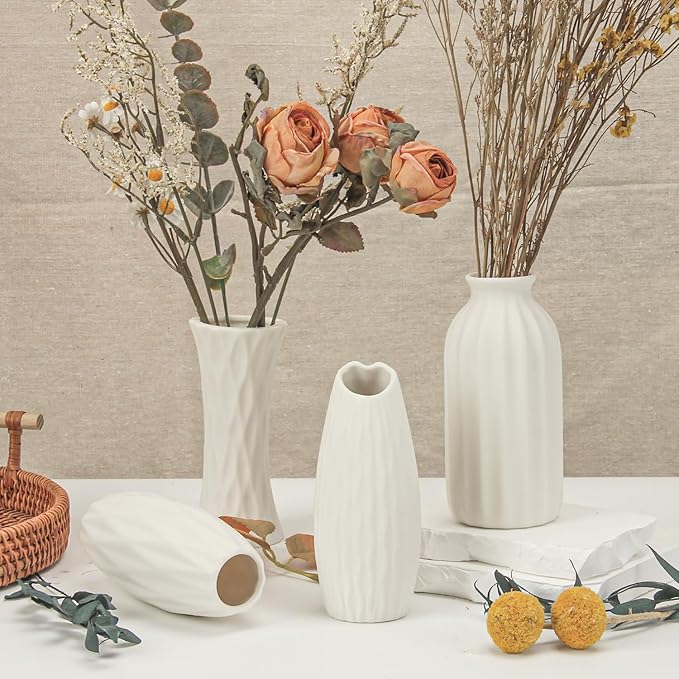 BEAHOT Ceramic Bud Vases Set of 12 - Matte Mini White Jars Bulk | Small White Ceramic Vases for Centerpieces, Wedding Floral Arrangements, DIY Crafts & Boho Table Decor (No Repeating Designs)