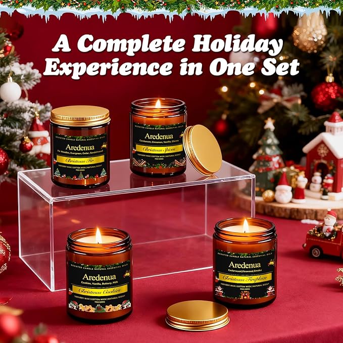 Christmas Candles Set | 4 Pack Winter Holiday Scented Candles, Soy Candles for Home Scented - Xmas Candle Gifts for Women and Men - Scents of Christmas Fir/Spices/Cookies/Fireplace