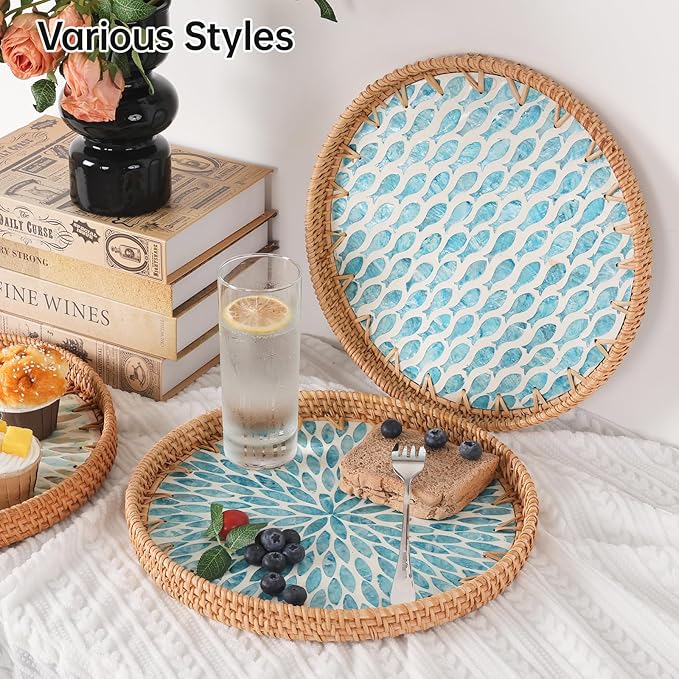 Round Rattan Tray with Mother of Pearl Inlay, Rattan Serving Tray for Coffee, Bread, Fruits, Decorative Wicker Tray for Table Decor, Home Decor, Kitchen Island Decor (Turquoise Leaf, 11.8")
