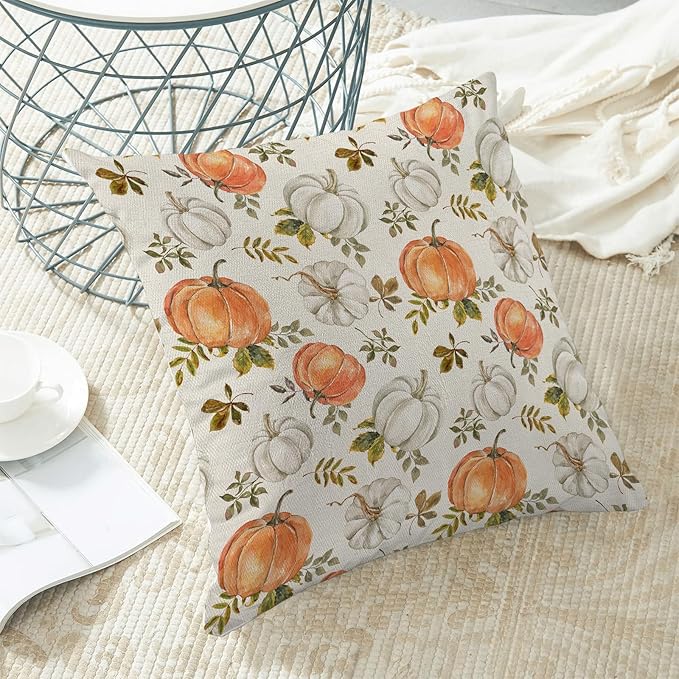 Fall Pillow Covers 16 x 16 Inch, Watercolor Burnt Orange Grey Pumpkin Leaf Decor Throw Pillows for Home Couch Bed, Autumn Harvest Thanksgiving Decorative Pillowcase Linen Cushion Cover Set of 2