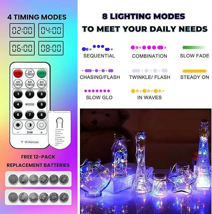 HXWEIYE 6 Pack Multicolor Fairy Lights Battery Operated with Remote & Timer, 7ft 20LED Mini String Lights Mason Jar Lights, Waterproof Firefly Starry Lights for DIY Wedding Party Bedroom Patio