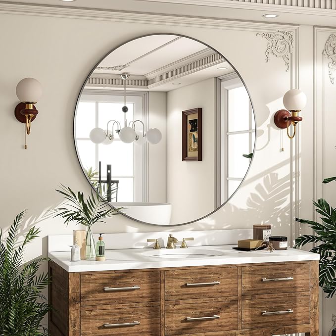 Round Mirror Wall Mounted Mirror- 32" Circle Mirror Bathroom Vanity Mirror with Aluminum Frame for Bedroom Living Room, Entryway Decor Black Mirror