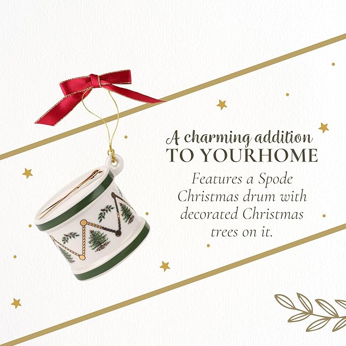 Spode Christmas Tree Drum Ornament, Elegant Hanging Decoration for Christmas Trees - Holiday Home Accents & Festive Ornament - Thoughtful Keepsake & Gift for Friends & Family