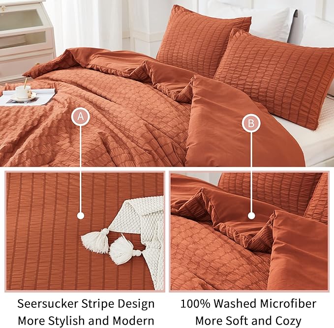 AveLom Terracotta Seersucker Queen Comforter Set (90x90 inches), 3 Pieces - 100% Soft Washed Microfiber Lightweight Comforter with 2 Pillowcases, All Season Down Alternative Comforter Set for Bedding