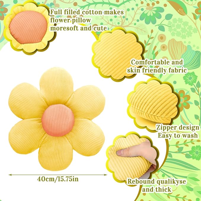 Sratte 3 Pcs Flower Pillows Flower Shaped Throw Pillow Cute Daisy Pillow Seating Cushions for Adults Home Bedroom Sofa Chair Couch Decor(Green, Yellow, White,16")