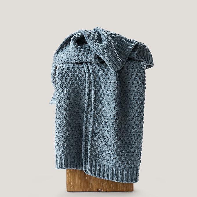 EVERGRACEHOME Chunky Chenille Knit Throw Blanket for Couch, Soft Luxurious Moss Stitch Blankets for Bed, Cozy Decorative Farmhouse Knitted Throws for Sofa, Stormy Blue, 60" x 80"