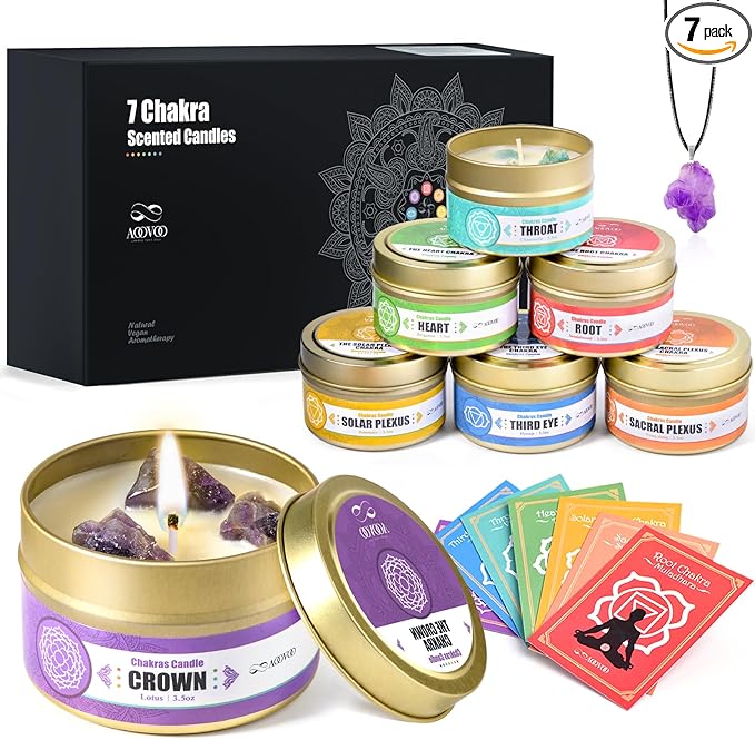 AOOVOO Chakra Candles with Healing Crystals - 7 Chakra Candle Set, Spiritual Gifts for Women, Aromatherapy Candle, Soy Candles for Women