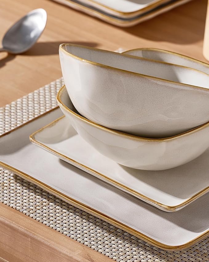 Famiware Dinnerware Sets for 4, Ocean Square 12-Piece Kitchen Plates and Bowls Sets, Reactive Glaze, Microwave and Dishwasher Safe, Scratch Resistant, Cappuccino White