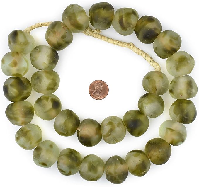 Jumbo Recycled Glass Beads, 21–25mm – African Sea Glass for Wall Hangings, Coffee Table Decor, Shelf Styling, and Home Accents – (Olive Green Swirl) – The Bead Chest