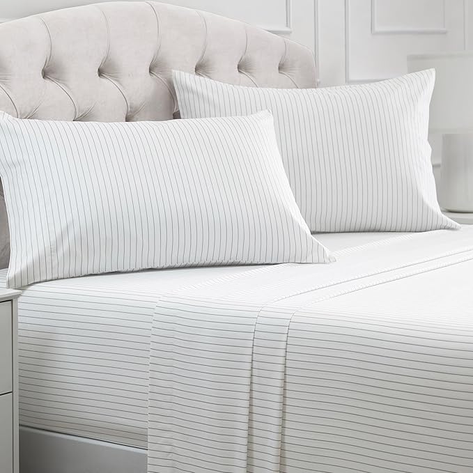 Mellanni Full Sheets Set - 4 PC Iconic Collection Bedding - Hotel Luxury, Extra Soft, Cooling Bed Sheets - Wrinkle, Fade, Stain Resistant (Full, Pin Stripe Gray)