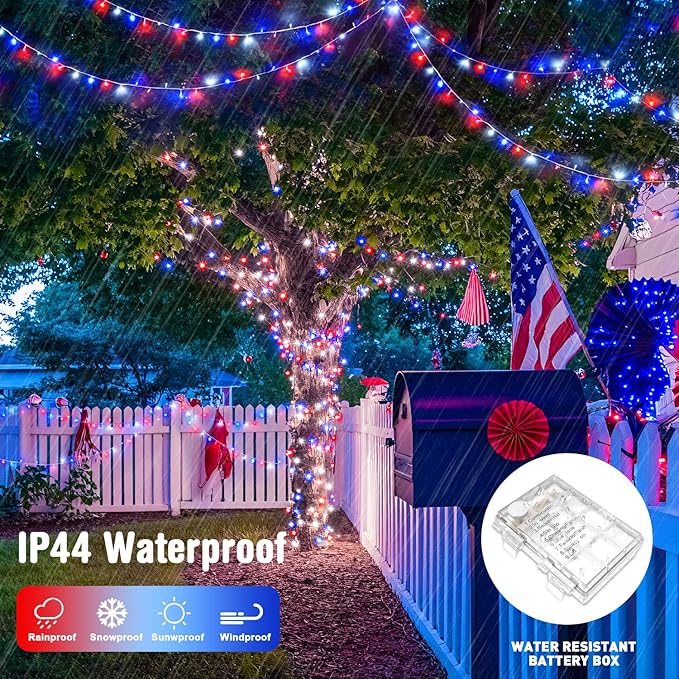 JMEXSUSS 2 Pack Red White and Blue Lights Outdoor, 33ft 100 LED 4th of July Lights Battery Operated, 8 Modes Patriotic Decorations for Indoor Outside Independence Day American Flag Holiday