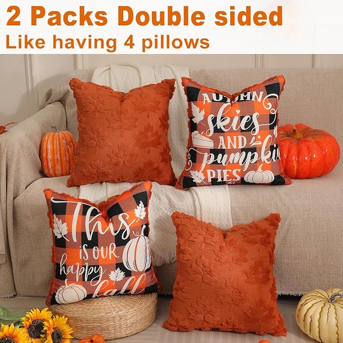 TOYPOPOR Fall Decorations 2 Packs Double Sided Throw Pillow Covers Rust Red Soft Faux Fur Maple Leaf Pillow Case Autumn Harvest Thanksgiving Indoor Outdoor Home Decor for Living Room Porch Couch 16x16