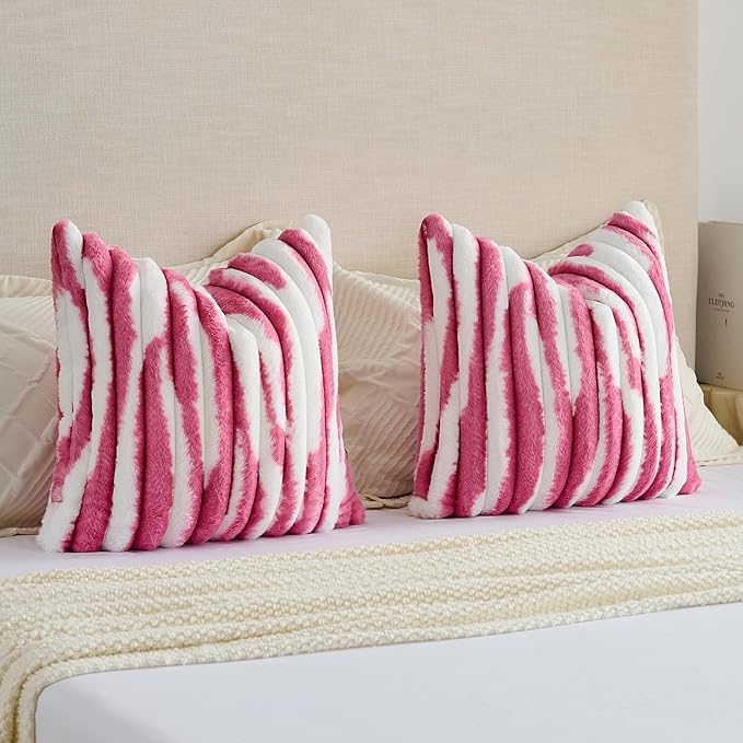 FUTEI Blush Decorative Throw Pillow Covers 16x16 Inch Set of 2, Soft Tie-Dye Faux Rabbit Fur Striped Texture Cushion Case, Modern Home Decor for Couch Bed Living Room