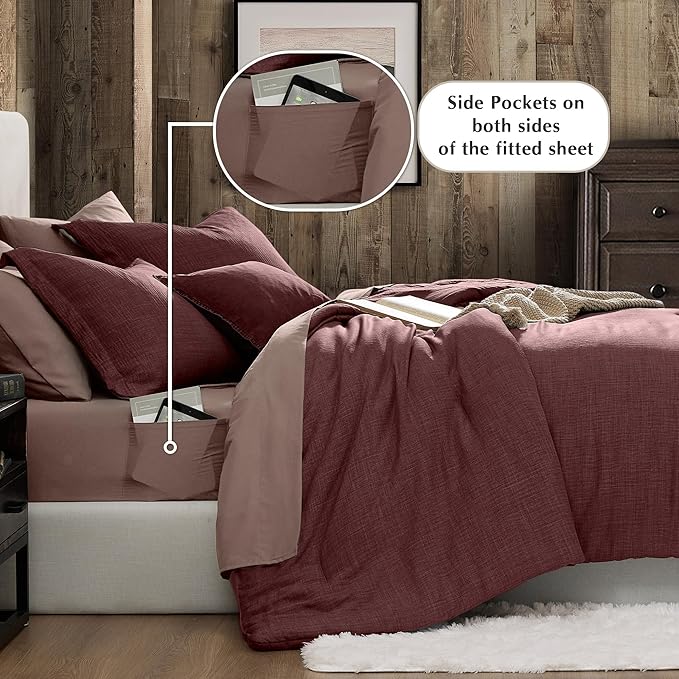 Geniospin Queen Comforter Set - 7 Pieces Comforter Queen Size, Soft Solid Bedding Set for All Season, Textured Bed in a Bag with Sheets, Pillowcases & Shams (Burgundy, 90''x90'')