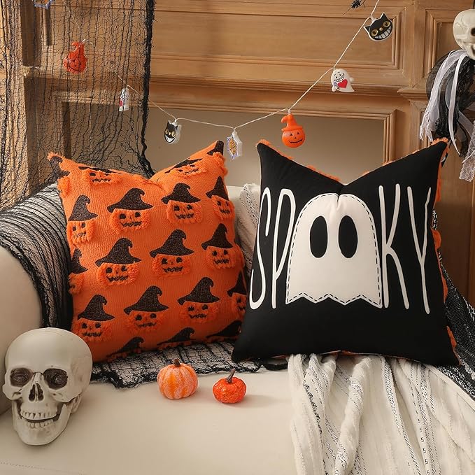 TOYPOPOR Halloween Decorations, 2 Packs Double Sided Ghost Pillow Covers, Soft Fur Throw Pillow Cases Indoor outdoor Pumpkin Couch Cushion Case for Fall Autumn Bedroom Living Room Home Decor 18''x18''