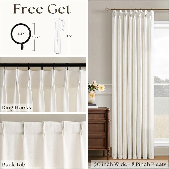 Thick Linen Semi Sheer Curtains 96 Inches Long for Living Room Bedroom Light Filtering Natural Cream Textured Pinch Pleated Curtains 96 Length Hooks Rings Back Tab for Sliding Door 1 Panel 50x96