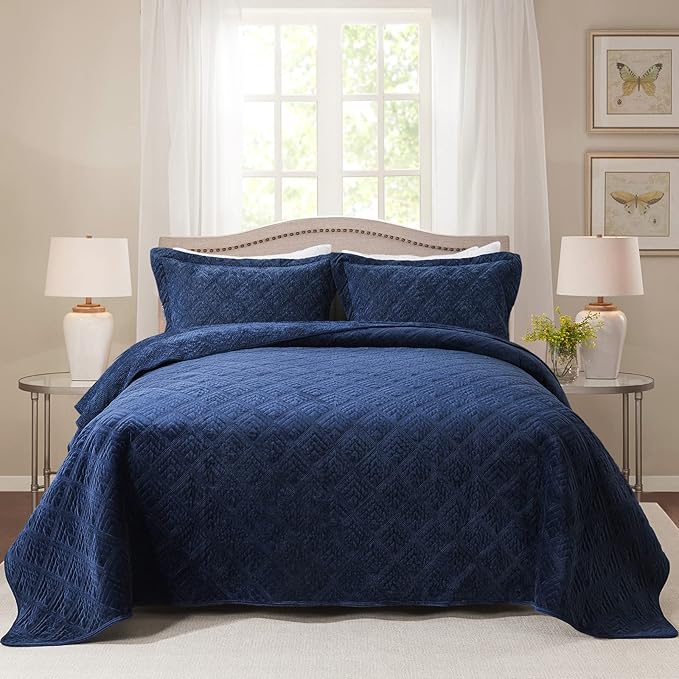 HoneiLife King Quilt Bedding Set - 3 Pieces Corduroy Quilt Sets Double Faced Velvet Bedspreads Super Soft Coverlets Reversible Bed Cover Autumn & Winter Bedding Set All Season Quilts-Navy Blue