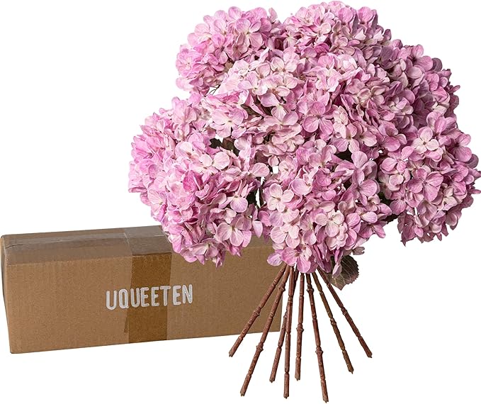 Artificial Flower Fake Silk Hydrangea Heads Bouquet with Stems Bulk for Fall Decoration Table Center Christmas Indoor Outdoor Faux Floral Realistic with Leaves Plants Crafts 8PCS(Pink)