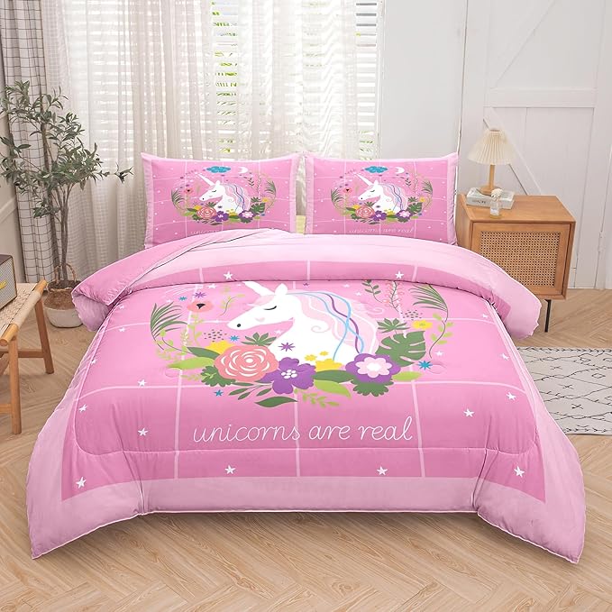 Tailor Shop Girls Unicorn Comforter Set Queen Size Unicorn Pink Bedding Sets for Girls Kids Flower Comforter Set Unicorn Room Decor Ultra Soft Bed Set with 2 Pillowcase…