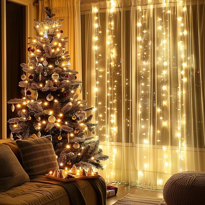 FUNPENY Window Curtain String Lights, 300 LED 8 Lighting Modes Fairy Lights USB Powered, Waterproof Lights for Christmas Bedroom Party Wedding Home Garden Wall Decorations, Warm White