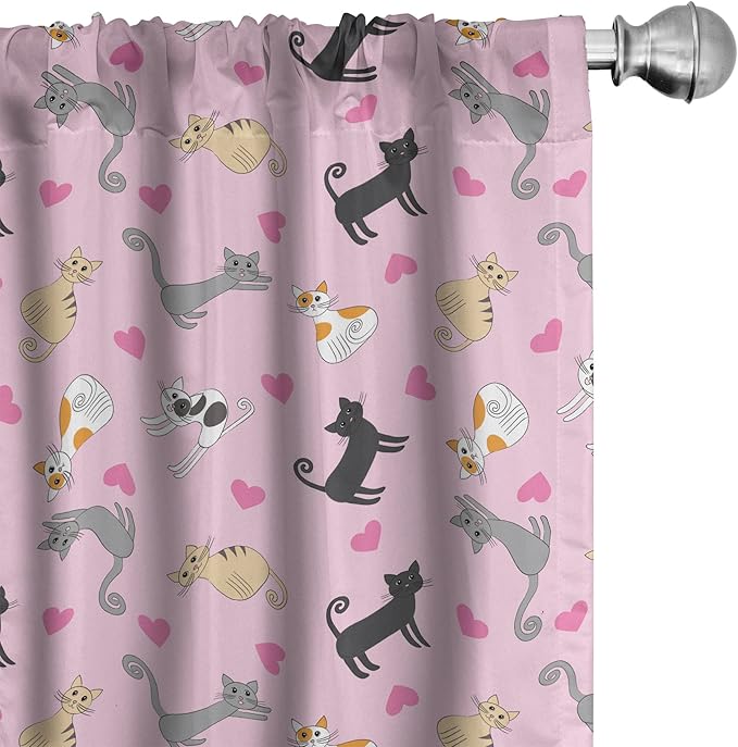 Ambesonne Kitty Curtains, Cats in Colorful Design and Patterns Among Pink Hearts Resting Happy Stretching, Window Treatments 2 Panel Set for Living Room Bedroom, Pair of - 28" x 63", Soft Pink