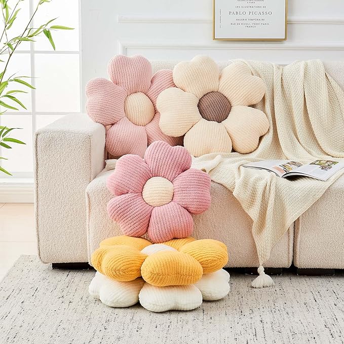 Flower Throw Pillow, Cute Flower Shaped Pillow Decorative Throw Pillow for Bed Couch, Soft Daisy Pillows Floor Seating Cushion Cushions (19.6 Inch White+Yellow)