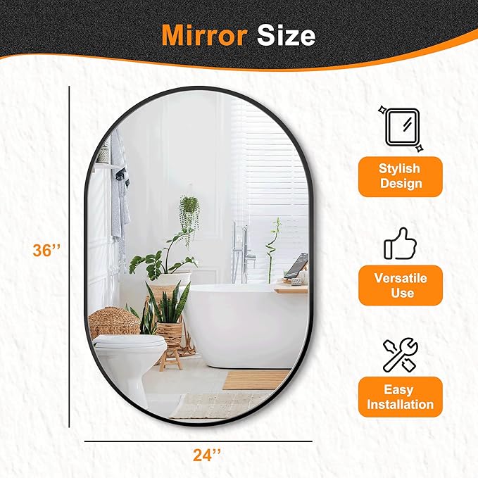 Bathroom Mirror for Wall,36''x24'',Black Oval Mirror for Bedroom Entryway Bathroom, Metal Framed Vanity Mirror(36''x24'',Black)