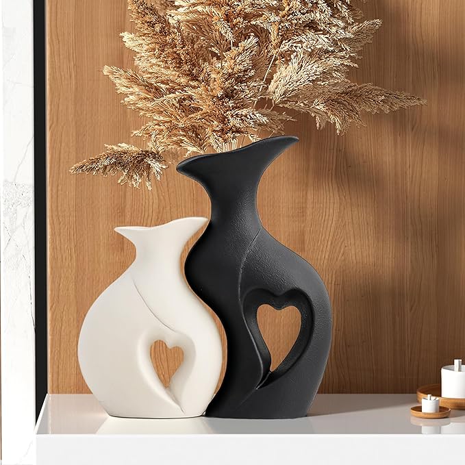 Black and White Vase Heart Shape Ceramic Vase Set of 2,Modern Boho Hollow Flower Vases,Nordic Aesthetic Decor,Decorative Vases for Room,Home Book Shelf,Fireplace,Table Decor