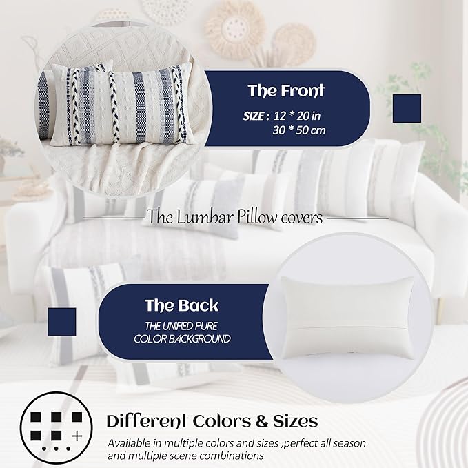 Decorative 2 Packs Boho Navy Blue Striped Lumbar Pillow Covers 12x20 Inch Coastal Accent Long Throw Pillows, Neutral Farmhouse Textured Throw Pillow Cases for Couch Bedroom Living Room Chair