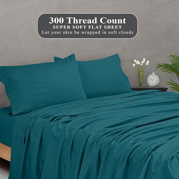 Royale Linens 300 Thread Count 100% Long Staple Combed Cotton Flat Sheet - Super Soft - Top Sheets - California King Flat Sheet Sold Separately - Breathable, Cool & Crisp Sheets Only (Cal King, Teal)