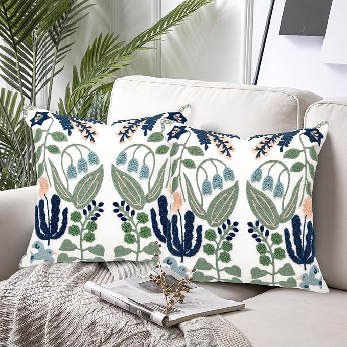 Alysheer Floral Embroidered Summer Decorative Throw Pillow Covers 20"x 20" Set of 2, Farmhouse Cottage Navy Blue Green Flowers Leaves Knit Pattern Cotton Canvas Cushion Case for Couch Bed Living Room