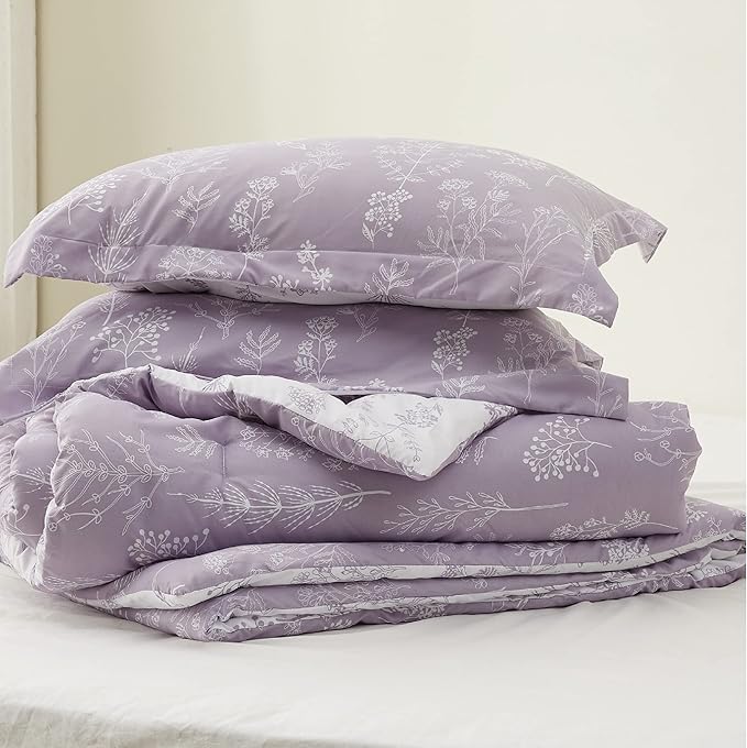 Bedsure Queen Comforter Set - Lavender Bed Set, 3 Pieces Cute Floral Bedding, 1 Soft Reversible Botanical Flowers Comforter and 2 Pillow Shams