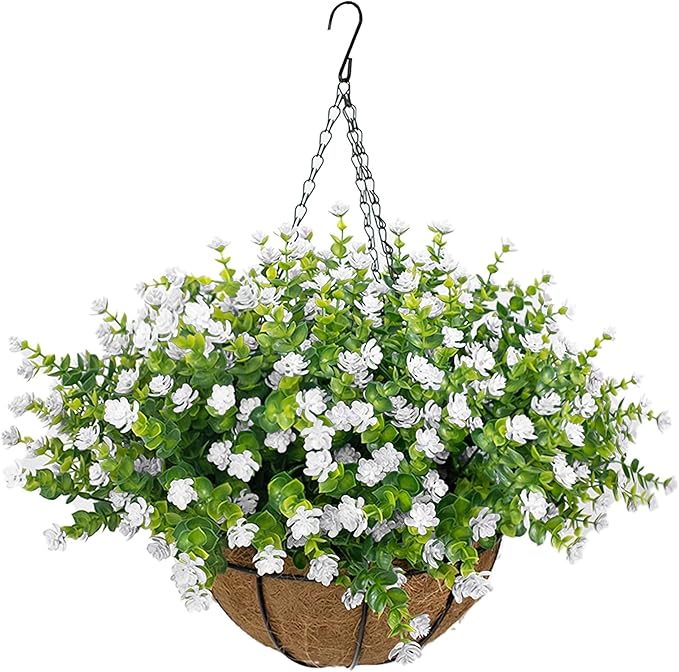Artificial Hanging Flowers Basket for Outdoor, 16 Fake Flowers Look Real UV Resistant, Faux Hanging Plants for Porch, Balcony, Patio, Garden, Spring Summer Decor,White