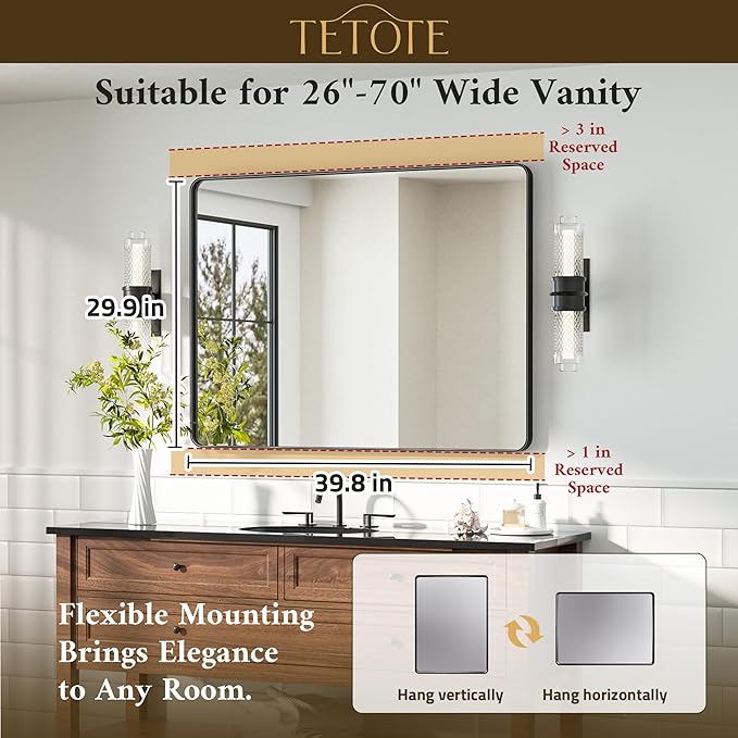 TETOTE Black Mirror 40 x 30 Matte Black Metal Framed Vanity Mirror, Tempered Glass, Wall Mounted for Bathroom, Entryway, Bedroom, Living Room(Horizontal/Vertical)