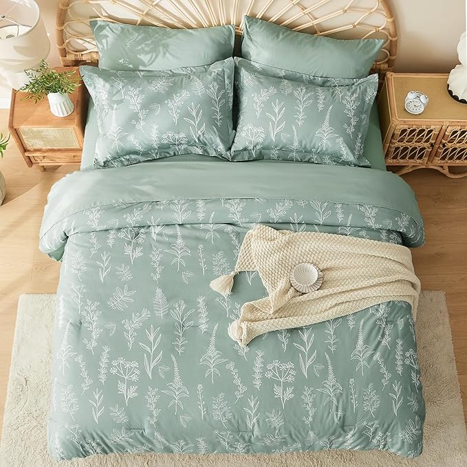 MUXHOMO Bed in a Bag Queen 7 Pieces, Sage Green Queen Comforter Set Reversible Botanical Flowers Design, Ultra Soft & Breathable Bedding Sets with Comforter, Sheets, Pillowcases & Shams