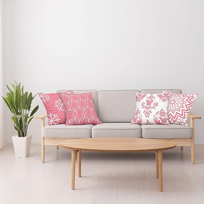 Ambesonne Retro Throw Pillow Cushion Case Pack of 4, Trellis Grid Medieval Floral Damask Mandala Flower Ornament in Modern Monochrome, Modern Accent Double-Sided Digital Printing, 20", Pastel Pink