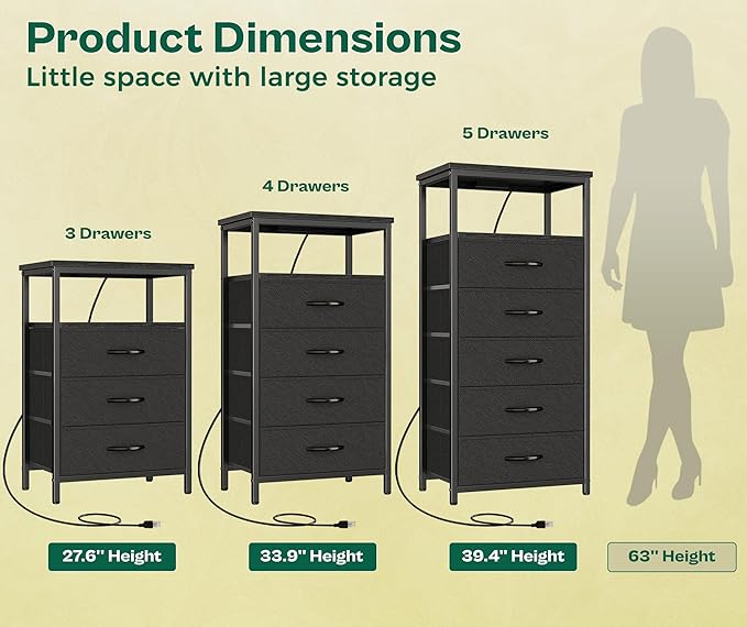 Huuger 5 Drawers Dresser with Charging Station, Dresser for Bedroom, Tall Night Stand, Chest of Drawers with Open Shelf, Bedside Table Nightstand, Fabric Storage Drawers, for Entryway, Black