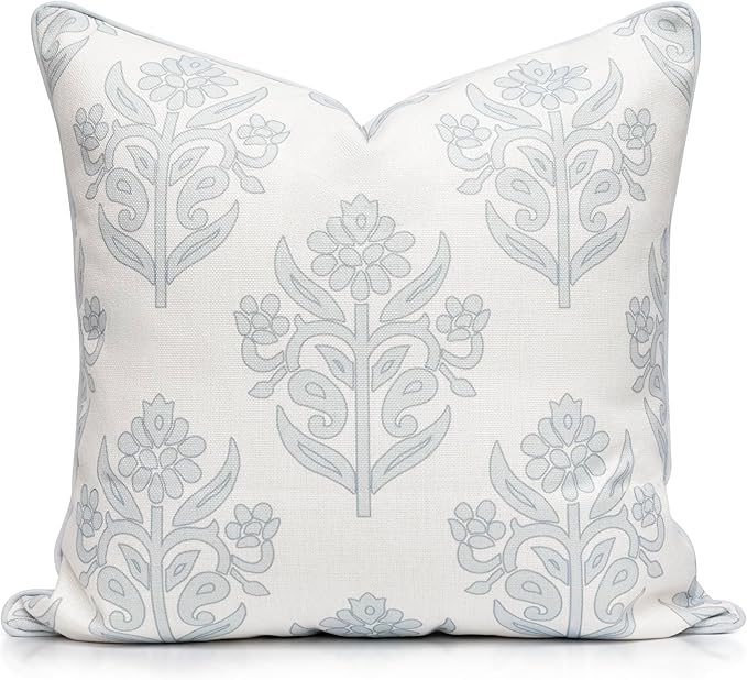 “The Naples” Floral Block Print Pillow Cover – Soft Grey and Off-White Decorative Throw Pillow Cover – Grandmillennial Home Decor, 20" x 20"