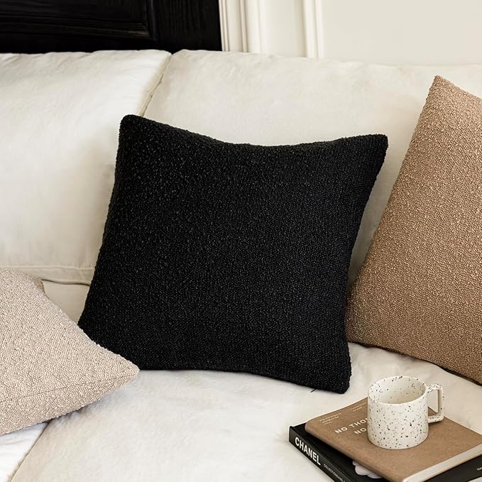 Foindtower Decorative Textured Boucle Throw Pillow Covers Accent Solid Pillow Cases Neutral Soft Cozy Couch Cushion Case for Chair Sofa Bedroom Living Room Home Decor 20 x 20 Inch,Black